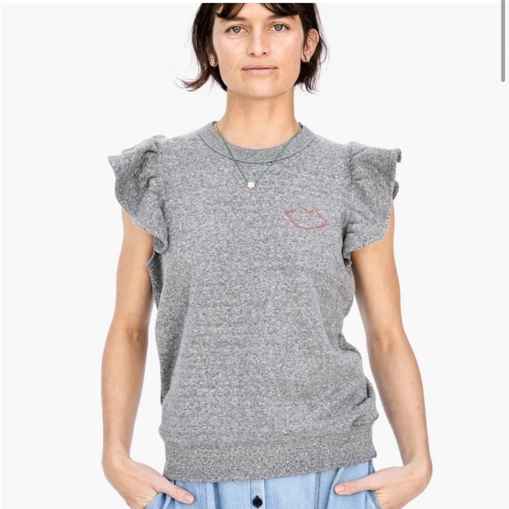 CLARE V. Ruffle Sweatshirt Vest with Red Lip Embroidery Gray Size LARGE